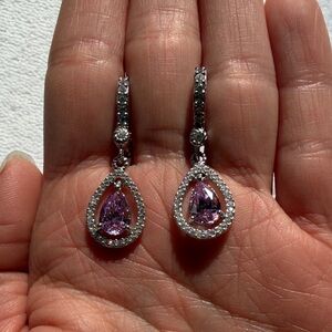 Judith Ripka Sterling Silver 925 Pink Crystal Pear Halo Leverback Drop Earrings